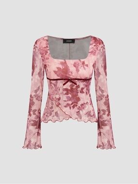 Cider Pink Mesh Square Neck Floral Wrap Long Sleeve Tee XL NWT